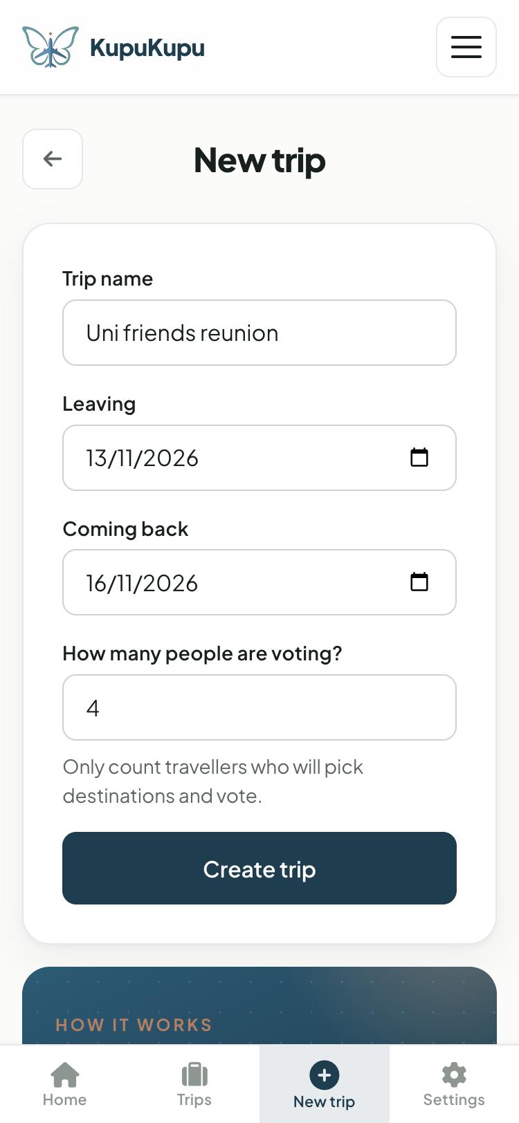 The New trip screen on a phone: a trip called Uni friends reunion, with dates and room for four travellers.