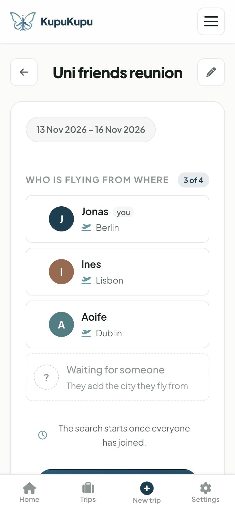 The trip screen showing three of four people have joined, each with the city they fly from, and one empty seat waiting.