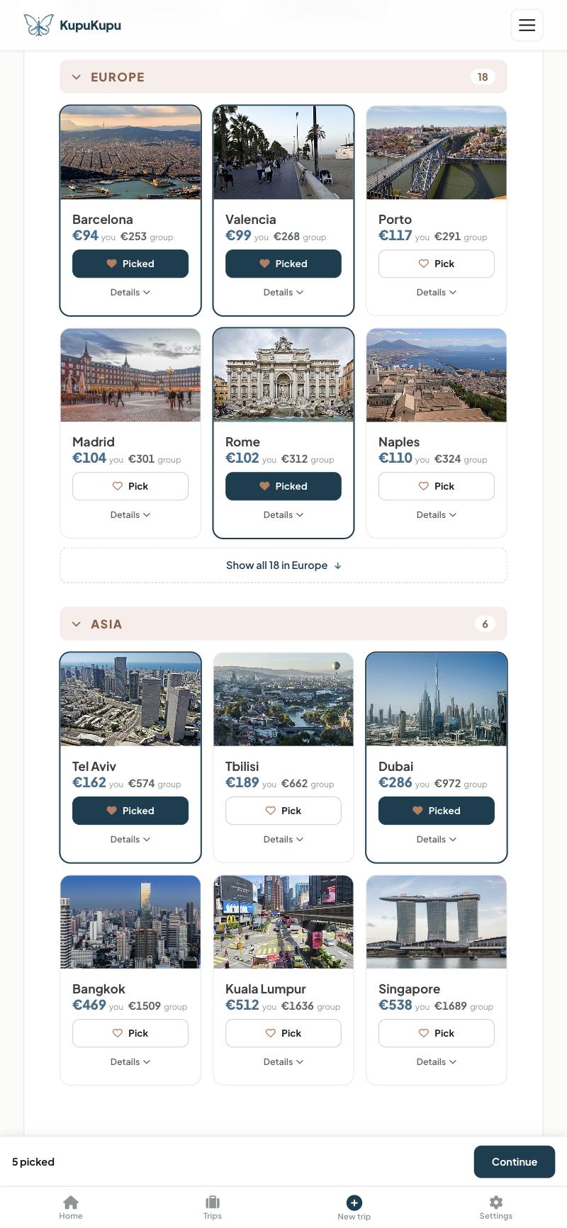 Destinations grouped by continent, Europe then Asia, each with a photo, the price for you and the price for the group. Five are picked, and the bar at the bottom says 5 picked.